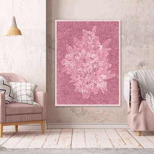 digital prints plant poster of white flowers on pink, floral art print as gifts for her, eclectic decor, apartment decor, above bed art