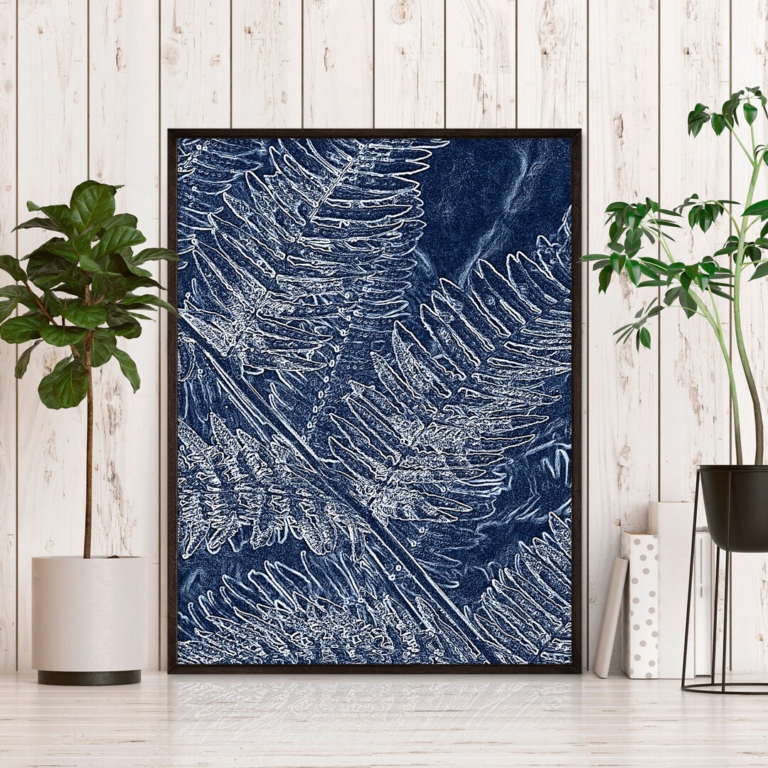Navy Blue Botanical Wall Art – Digital Fern Print, Elegant Printable ...