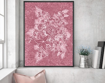 Pink digital wall art – printable floral illustration, elegant botanical poster for gallery wall, bedroom decor or feminine home office.