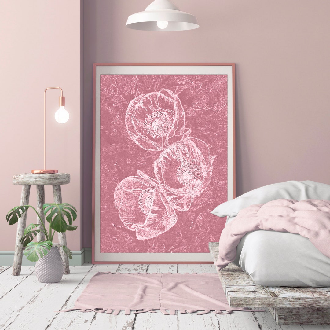 Digital Wall Art of White Flowers on Pink, Plant Poster as Sympathy
