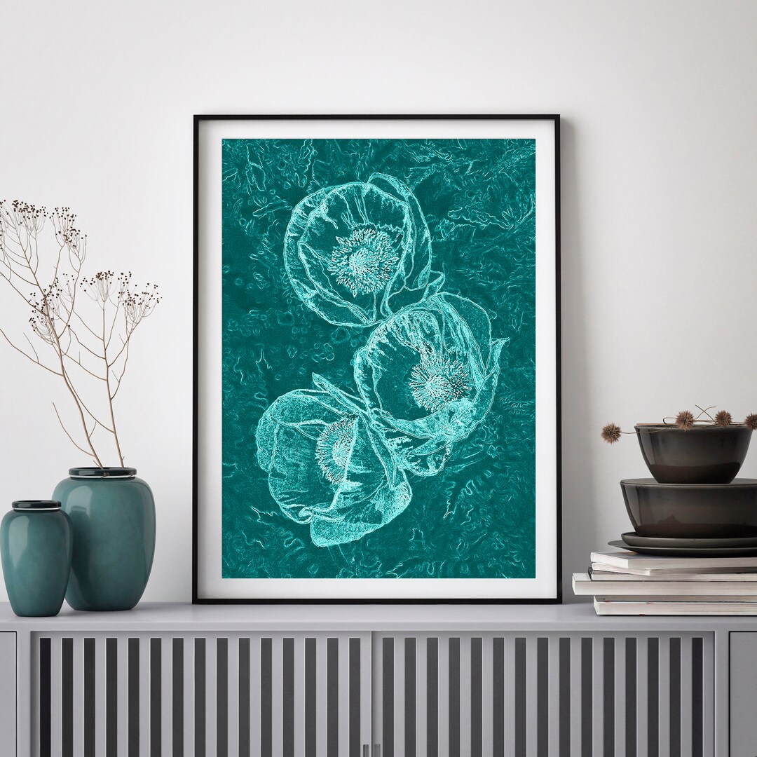 Digital Art Floral Wall Decor, Botanical Print of White Flowers on Teal