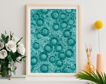 Botanical digital wall art – teal green floral printable poster for modern home decor, or as a gift.