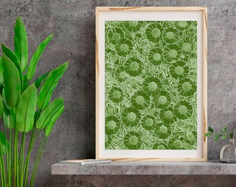 Green floral digital wall art – printable botanical illustration for gallery wall, cozy living room, home office, or nature-inspired decor.