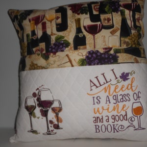 Wine Glasses Reading Pocket Pillow: Embroidered Cotton Book Pillow