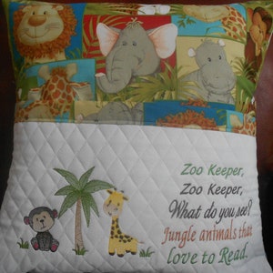 Zoo Animals Reading Pocket Pillow: Embroidered Cotton, Pillow Included