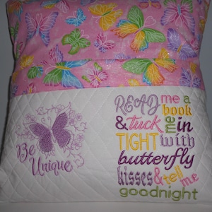 Butterfly Reading Pocket Pillow: Kids Embroidered Cotton Cushion