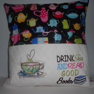 Tea Reading Pocket Pillow: Embroidered Cotton Book Pillow