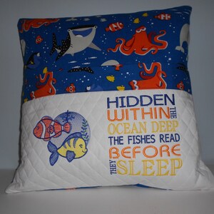 Fish Reading Pocket Pillow: Kids&#39; Embroidered Cotton Cushion
