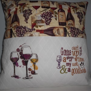 Wine & Cat Reading Pocket Pillow: Embroidered Cotton Book Pillow
