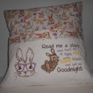 Bunny Reading Pocket Pillow: Kids Embroidered Cotton Cushion