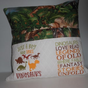 Dinosaur Reading Pocket Pillow: Embroidered Cotton Kids Gift