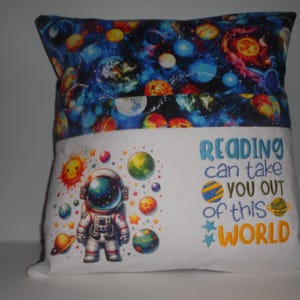 Space Boy, Reading takes you out of this world, Reading Pocket Pillow,  Pillow included.