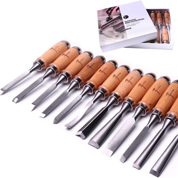 12pcs Wood Carving Chisel Set for Woodworking, Professional Wood Gouge Tools with Premium Case and Roll Up Bags for Carpenter Craftsman Gift