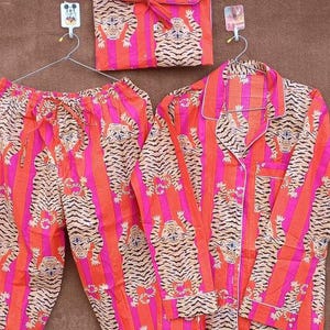 Indian PJ Set, 100% Cotton Block Print Pajama Set, Night Wear, Bridesmaid Pajama Set, Women&#39;s Pajamas Set Cotton Pants Shirt Sets