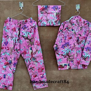 Cotton Pajamas Hand Block Print Pajama Set Pink Floral Print Bridesmaid PJ&#39;s Lounge Wear Shirt with short
