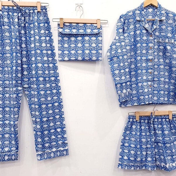 Indian Cotton Pajama Set Cotton Hand Block Print 100% Cotton Valentine Day Gift Women Cotton Pants Shirt Set With Shorts Set Blue