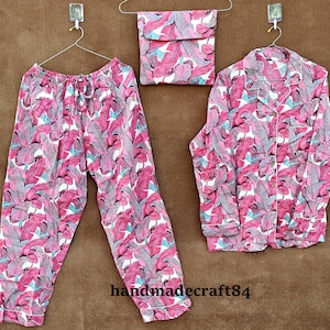 Cotton Pajama Set, Floral Pj Block Print Night Suit, Indian Pj Set Women&#39;s Summer Dress Cotton Payjama and Shirt Cotton Pj Set