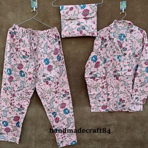 Hand Block Print Cotton PJ Set, Indian Pyjamas Nightwear Dress, Gifts For Her, Women Dress, Bridesmaids Gifts, Boho 100% Cotton Pajama Set