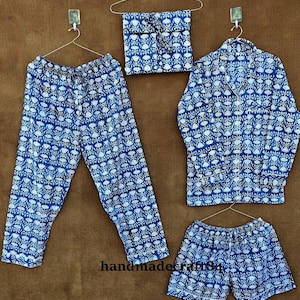 Indian PJ Set, 100% Cotton Block Print Pajama Set, Night Wear, Bridesmaid Pajama Set, Women&#39;s Pajamas Set Cotton Pants Shirt Sets