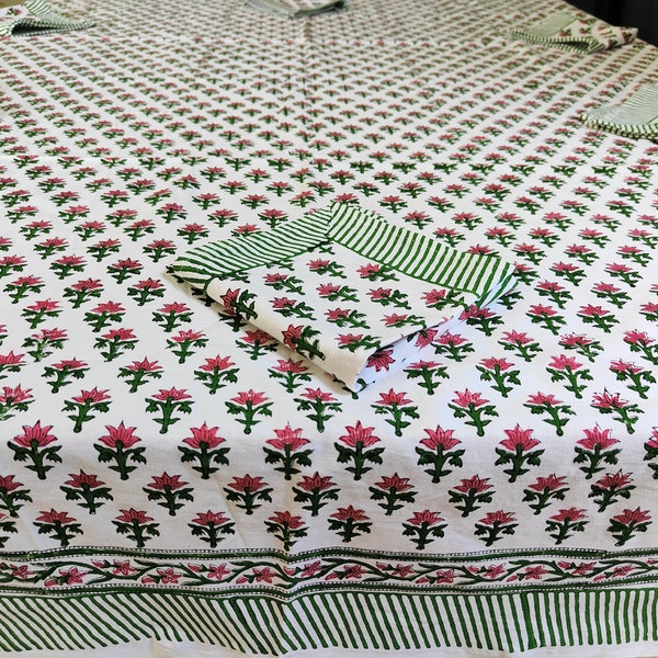 Nappe florale rose à carreaux faits main, Nappe 100 % coton Imprimé floral indien, Linge de table indien, Nappe à manger florale Housse rose