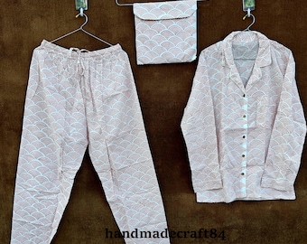 Hand Block Print Cotton Pajama Set: Women's Loungewear
