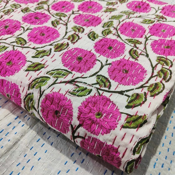 Courtepointe Kantha rose florale rose indien à la main impression bloc couette Kantha couvre-lit fait main couverture indienne rose courtepointe Kantha couvre-lit