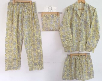 Indian PJ Set,100% Cotton Block Print Pajama Set, Night Wear, Bridesmaid Pajama Set, Womens pajamas Set Cotton Pants Shirt sets,Summer Dress