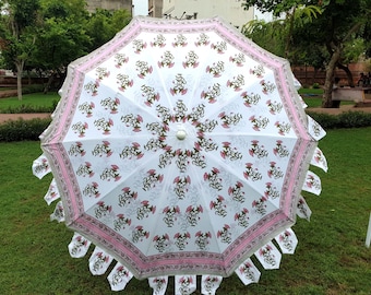 Indian Pink Floral Cotton Umbrella// Hand Block Printed Umbrella// Sun Shade Garden Umbrella//Round Shade Umbrella Parasols// Patio Umbtella