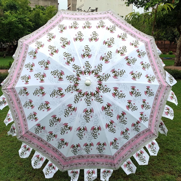 Indian Pink Floral Cotton Umbrella// Hand Block Printed Umbrella// Sun Shade Garden Umbrella//Round Shade Umbrella Parasols// Patio Umbtella