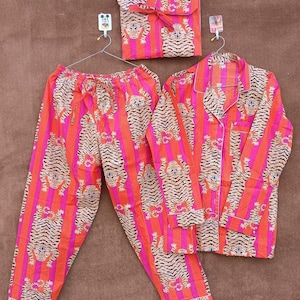 Indian Cotton Pajama Set Cotton Hand Block Print 100% Cotton Light Ultra-Soft Night Dress Women Cotton Pants Shirt Set With begs Set Orange