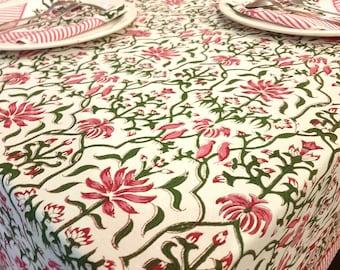 floral tablecloth Coral Pink, Hunter Green Indian Hand Block Floral Printed Tablecloth, Cotton Cloth Table Cover And Linen Set, Wedding