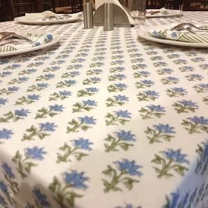 Indian Block Print tablecloth, Floral Cotton Table Cover, Table Cloth Runner Mats Napkins Set ,Blue Jaipur Tablecloth, Rectangle Table Cloth