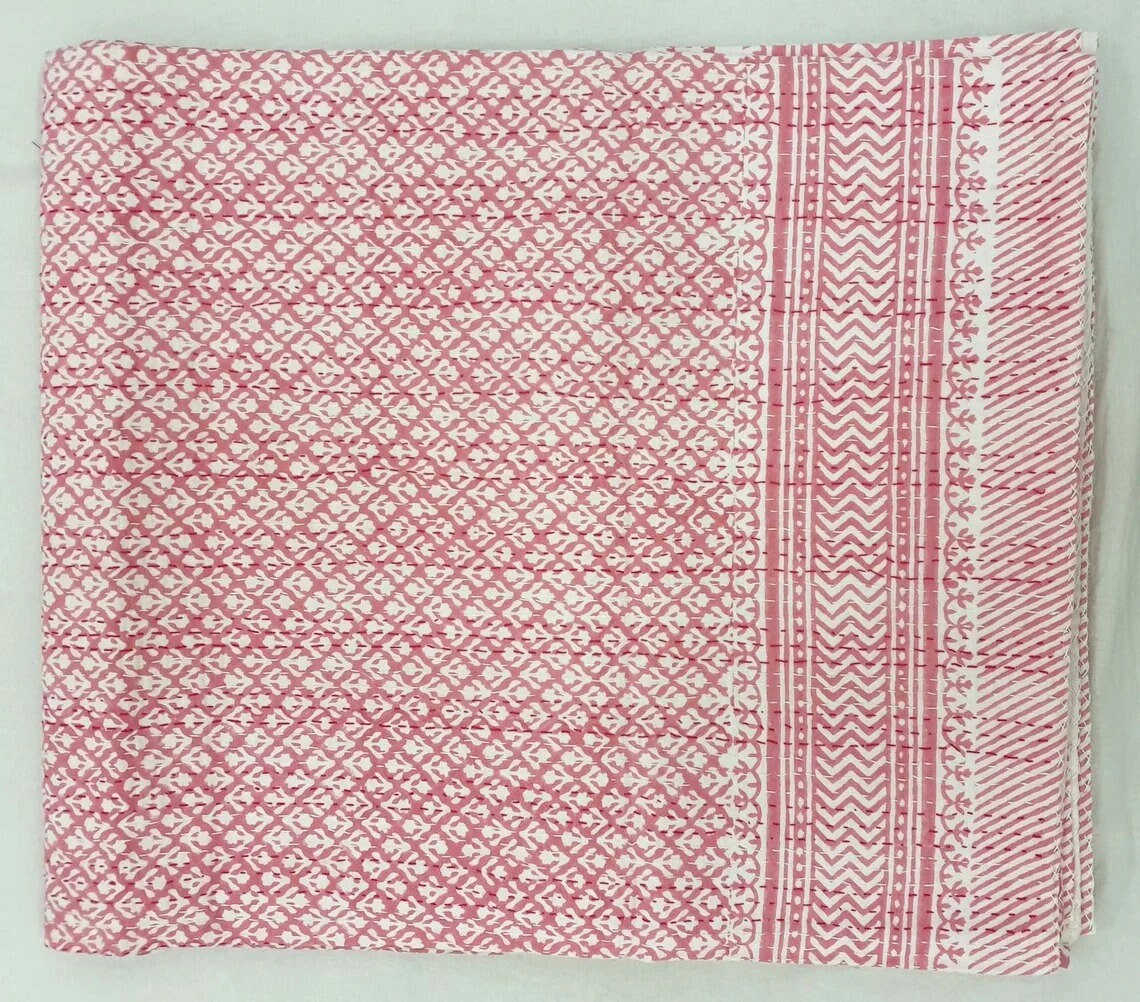 Pink Kantha Quilt White Floral Bedspread Kantha Quilt Etsy