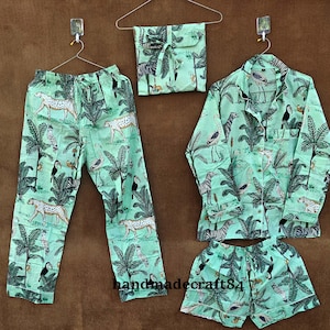 Tiger Print PJ set, Indian Cotton Block Print Pajama, Cotton short Pant And Shirt, Night Wear Bridesmaid Pajama Set, Women Night Wear Set