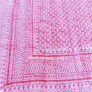 Pink Hand Block Printed Cotton Kantha Quilt, Indian Kantha Blanket, Hand Stitched Summer Quilt, Soft Cozy Blanket Artisan Cotton Blanket