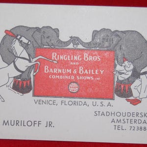 Superbe carte de visite vintage Ringling Bros et Barnum & Bailey, années 1960