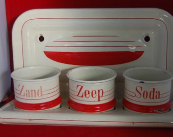 Art Deco Enamel kitchen set, laundry set, washing board Sand-Soap-Soda in red with off-white