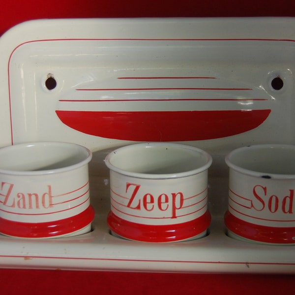 Art Deco Enamel kitchen set, laundry set, washing board Sand-Soap-Soda in red with off-white