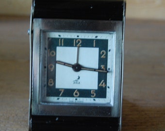 Reloj despertador de viaje Art Déco de acero cepillado de Jaz, Francia, alrededor de 1940, ¡raro!