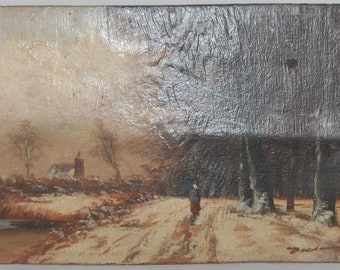 Niederländische Schule, Öl auf Holz, Winterwaldansicht, unten rechts signiert, Niederländische Schule, Öl auf Holz, Winterlandschaft, links signiert