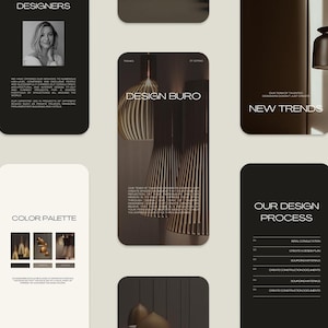 May include: A collection of mobile phone screens with design-related content. The screens feature text like "DESIGNERS", "DESIGN BURO", and "NEW TRENDS", along with images of interior design elements and a woman's portrait.
