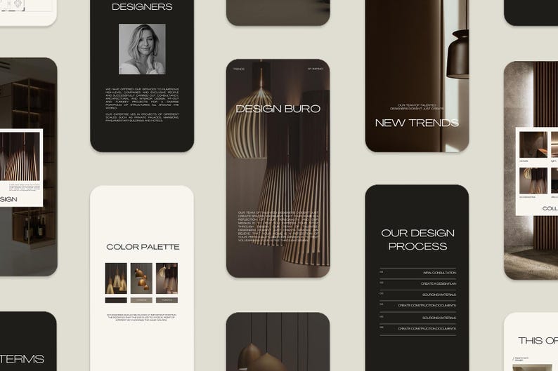 May include: A collection of mobile phone screens with design-related content. The screens feature text like "DESIGNERS", "DESIGN BURO", and "NEW TRENDS", along with images of interior design elements and a woman's portrait.