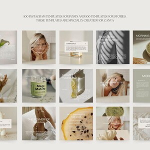 Puede incluir: Una colecci&oacute;n de 15 plantillas de Instagram para publicaciones e historias, con im&aacute;genes de matcha, frutas y elementos de estilo de vida. Las plantillas incluyen superposiciones de texto con frases como "Morning" y "But Health Edition."