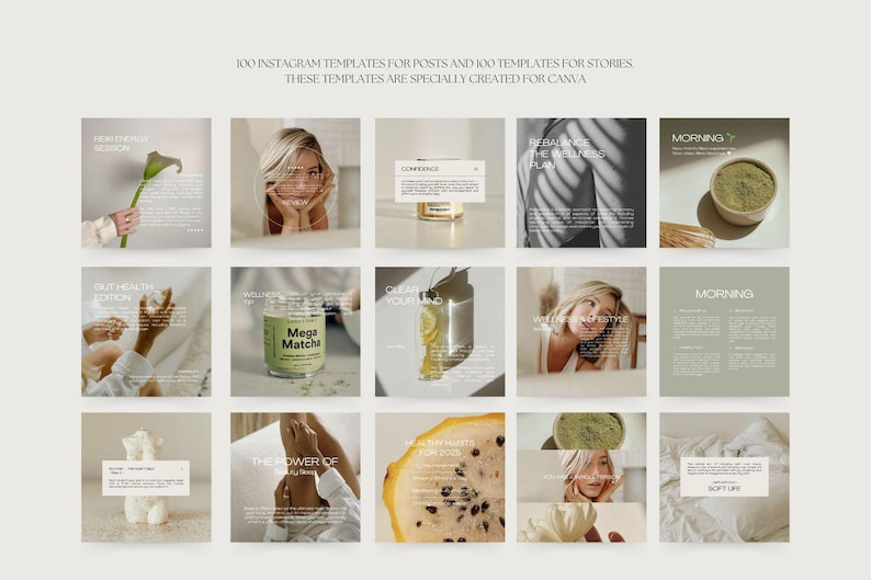 Puede incluir: Una colecci&oacute;n de 15 plantillas de Instagram para publicaciones e historias, con im&aacute;genes de matcha, frutas y elementos de estilo de vida. Las plantillas incluyen superposiciones de texto con frases como "Morning" y "But Health Edition."