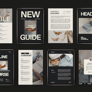 May include: A black and white digital tablet mockup with a white background. The tablet displays a website with the text "NEW GUIDE" and "YOUR PERSONAL BRANDING". The tablet is surrounded by other mockups of tablets and phones, all displaying different content.