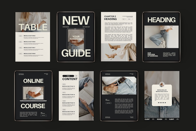 May include: A black and white digital tablet mockup with a white background. The tablet displays a website with the text "NEW GUIDE" and "YOUR PERSONAL BRANDING". The tablet is surrounded by other mockups of tablets and phones, all displaying different content.