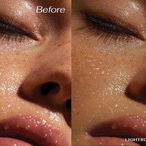 May include: Close-up of a person's face with dewy skin. The image shows the difference between a before and after photo, with the after photo showing smoother skin. The text "LIGHTROOM PRESET" is visible in the bottom right corner.