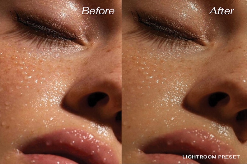 May include: Close-up of a person's face with dewy skin. The image shows the difference between a before and after photo, with the after photo showing smoother skin. The text "LIGHTROOM PRESET" is visible in the bottom right corner.