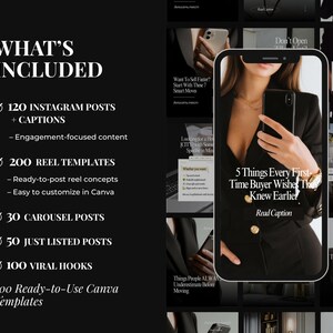 May include: A digital marketing bundle featuring 500 Canva templates including 120 Instagram posts, 200 reel templates, 30 carousel posts, 50 just listed posts, and 100 viral hooks. The display shows a smartphone screen with text overlays.