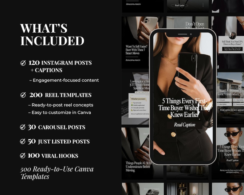 May include: A digital marketing bundle featuring 500 Canva templates including 120 Instagram posts, 200 reel templates, 30 carousel posts, 50 just listed posts, and 100 viral hooks. The display shows a smartphone screen with text overlays.